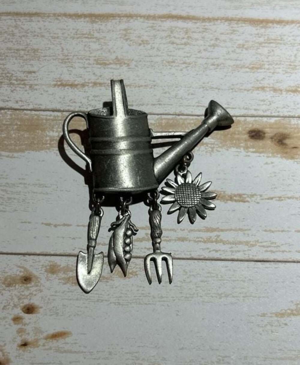Vintage JJ Jonette Jewelry Pewter Watering Can w/Gardening Tools Dangle Brooch